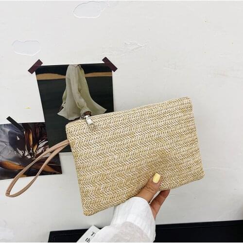 Fashion Women Bohemian Woven Clutch Wristlet Bag Casual Ladies Beach Solid Color Small Handbags Purse Summer Vacation Casual Bag