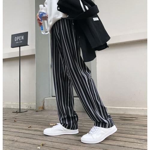 Men Striped Straight Leg Casual Trousers Harajuku Style Harem Pants Loose A2