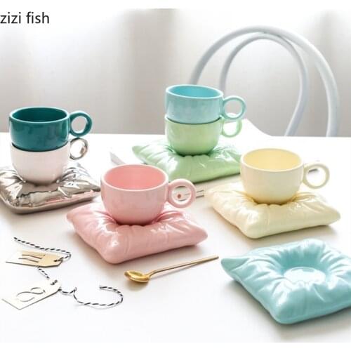 Solid Color Ceramic Coffee Cup with Spoon Pillow Shape Saucer Base Tray Coffee Milk Mug Decorative Drinkware Container Gift Cups