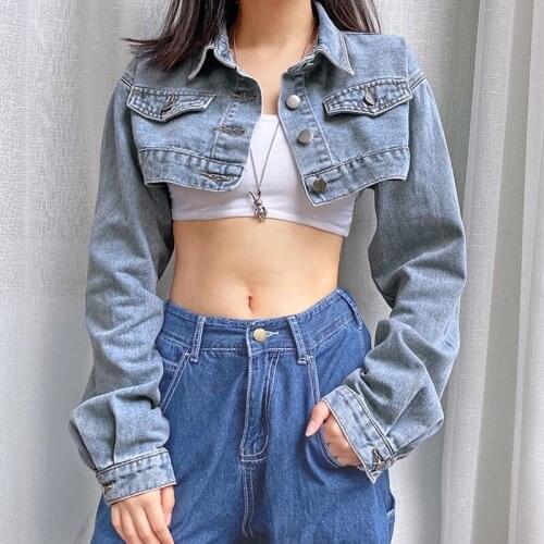 Solid Cropped Denim Jacket Womens Autumn Vintage Sexy Kpop Streetwear Jeans Down Coat Female Winter Tops Jaqueta Feminina Femme