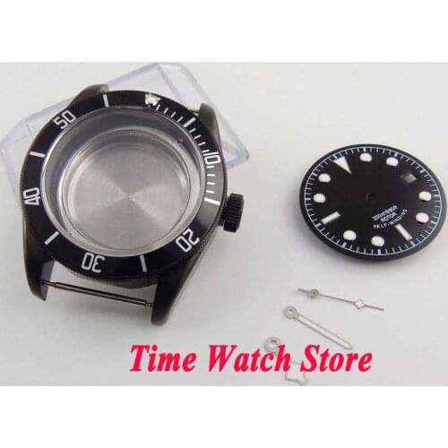 Fit ETA 2836 movement 41mm sapphire glass Black PVD coated watch case +dial+hands C124
