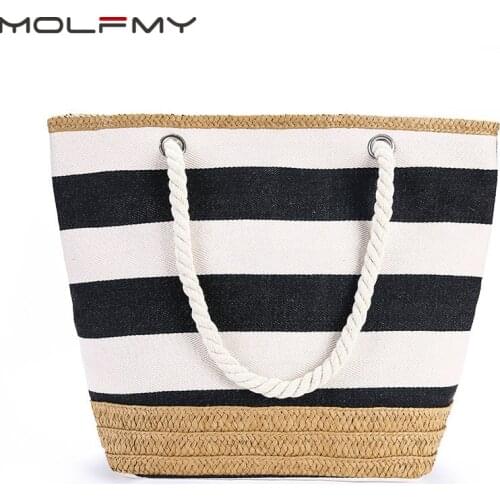 Striped Canvas Handbag For Women Large Capacity Hit Color Travel Shopping Casual Simple Shoulder Beach Tote Bag Zipper Dropship