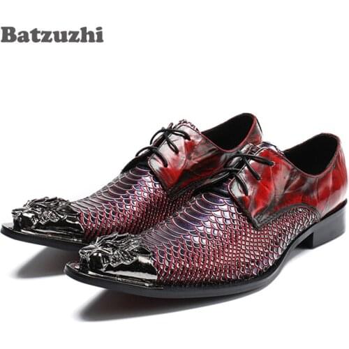 Luxury 2018 Men Leather Shoes Metal Tip Lace Up Office Business Dress Shoes Prom and Banquet Men Party Shoes Zapatos Hombre, 46