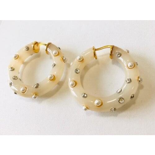 925 Sterling silver fashion Geometric circle Resin Earrings Elegant pearl crystal moon shape Dangle Big earring famous jewelry