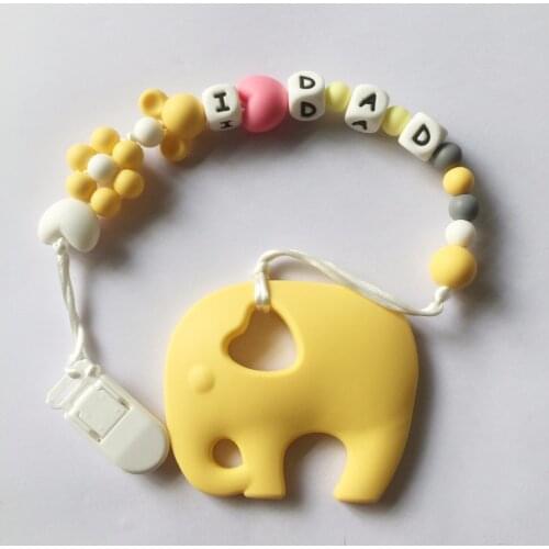 2018 New Design Name old elephant Silicone Teething Pacifier Clip with Safe letter Beads with Mon/Dad for baby teether Necklaces