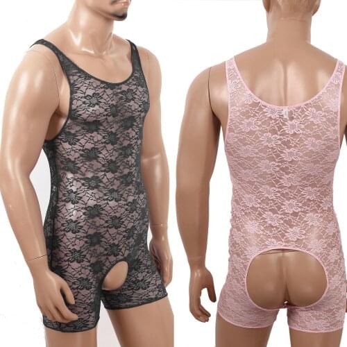 Sexy Sissy Floral Lace Open Butt Crotchless Bodysuit Jumpsuit Wrestling Singlet Gay Fetish Underwear Mankini Lingerie