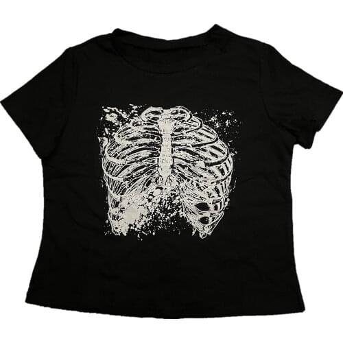 Vintage Skeleton T-Shirt Aesthetic Gothic Harajuku Grunge Graphic Print Crop Top Punk Streetwear Women Summer Sweat Tee