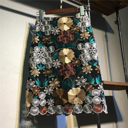 2020 New Summer Women Casual Knee-Length Mesh High Waist Skirts Female Vintage Lace Floral Embroidery Package Hip Step Skirt Z89