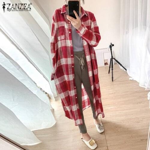 Autumn Cardigan ZANZEA Women Fashion Plaid Checked Long Shirt Vintage Lapel Neck Long Sleeve Vestidos Casual Blouse Loose Tops
