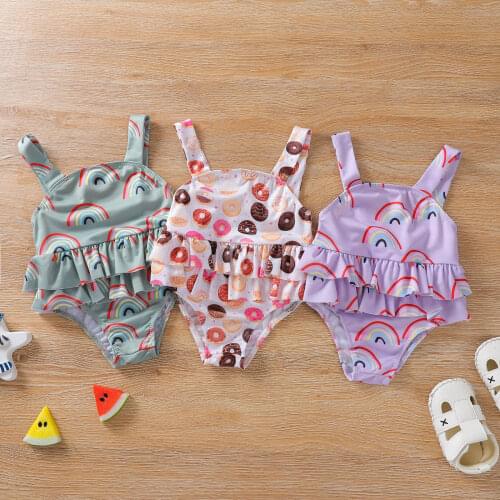 2-3 Years Girls Swimsuit 2021 New One Piece Swimwear Donuts Printed Pattern Style Childrens Swimwear Unicorn One Piece Swimsuit