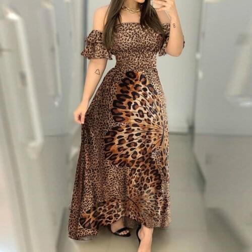 Sexy Off Shoulder Party Dresses Women 2021 Summer Ruffle Leopard Print Flare Long Sundress Ladies Strappy Slash Neck Vestidos