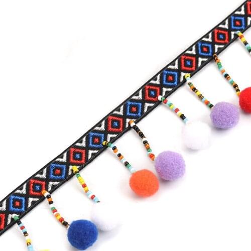 1PC Polyamide Nylon Pom Pom Lace Trim Tassel Multicolor Rhombus Beaded Ribbon Fabric Trimming Sewing Craft Supply about