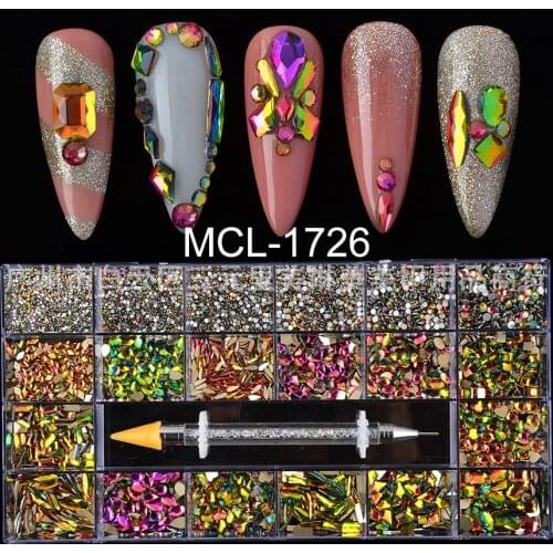 12 Colors AB Glass Crystal Diamond In Grids 21 Irregular Shape And SS3-SS16 Flatback Nail Art Rhinestone Set With 1 Pick Up Pen