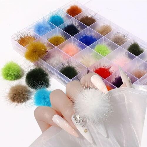 Beginning-Beauty10/24Grid Removable Fur Ball Nail Art Decorations 2021 Fashion Multi-Color 3D Nails Accessories for DIY Manicure
