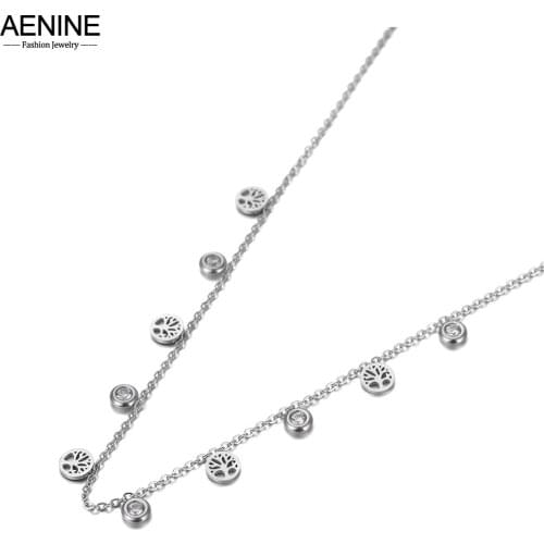 AENINE New Design Trendy Tree Plant Pendant Necklace For Women Stainless Steel CZ Crystal Link Chain Choker Necklace AN20132