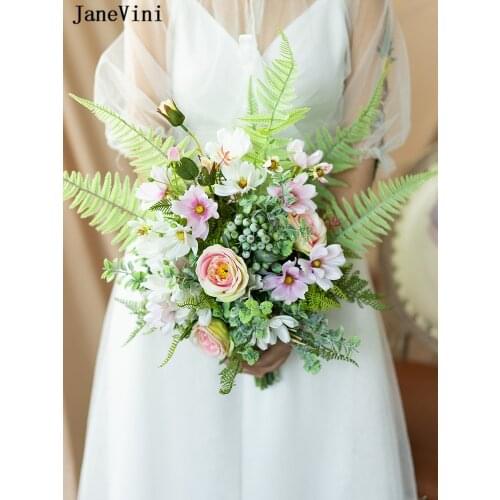 JaneVini Elegant Bridal Bouquets Artificial Forest Flowers Boho Eucalyptus Pink Fleur Rose Wedding Accessories Bouquet Mariage