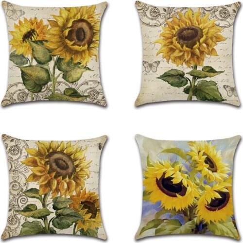 Retro Hand-Painted Sunflower Flowers Linen Cushion Cover 45X45cm Pillow Case Home Decorative Pillows Cover For Sofa Car Cojines