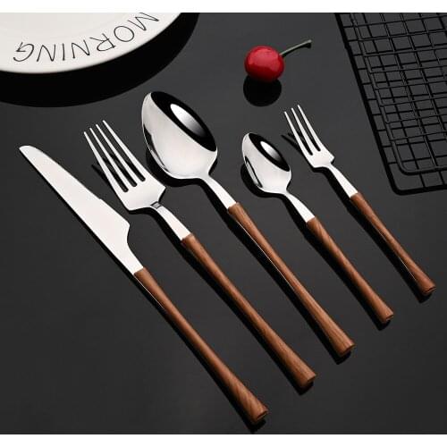 Imitation Wood Handle Silver Flatware Cutlery Set Western Stainless Steel Tableware Set Kitchen Knife Fork Spoon Dinnerware Set