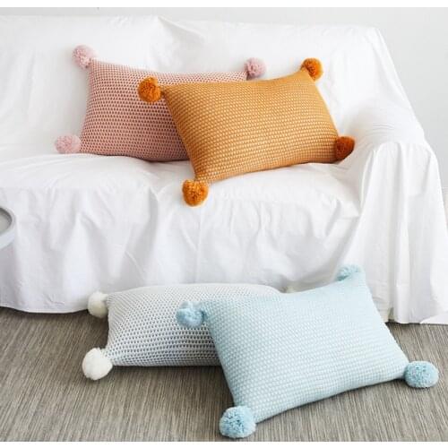 30x50cm Cushion Cover Vintage Yellow Ivory Pink Green Pompom Ball Pillow Cover Knit Zip Open Home Decoration Sofa Bed