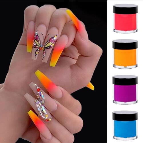 Neon Pigment French Manicure Crystal Carved Nail Acrylic Powder Fluorescence Dip Powder Nail Extension Nail Glitter Nail Dust