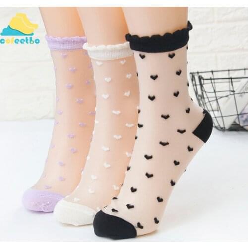 1 Pair Fashion Womens Cotton Blended Heart Pattern Ultra Thin Socks Female Lady Transparent Crystal Love Short Glass Silk Socks