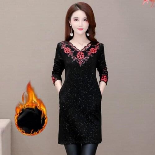 2021 Autumn Winter Middle-aged Women Female V-neck Dress Flower Embroidered Mini Dress Plus Size Female Clothing Vestidos Y555