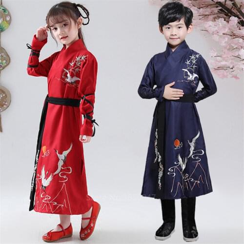 Hanfu Dress Kids Chinese Traditional Boy Costume Ancient Crane Embroidery Tang Suit Dance Costume Party Chinese New Year Clothes