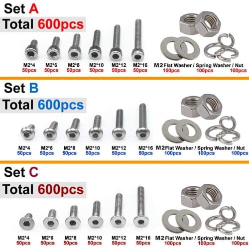 Practical 600pcs M2(2mm) A2 Stainless Steel Allen Bolts Screws With Hex Nuts Flat Washer Spring Washer Set combination