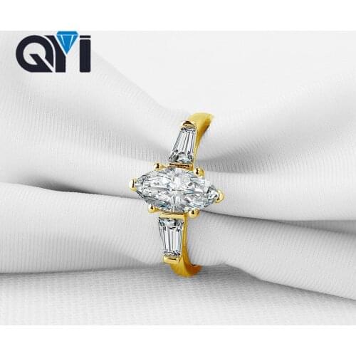QYI Marquise Cut Three Stone engagement Rings Sona Simulated Diamond 14K Solid Yellow Gold Wedding Rings for Woman