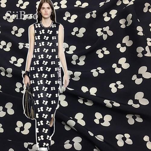Siiboo silk cotton crepe de chine fabric 22mm wide width 140cm soft elegant Tela de seda black base white flower sp6539