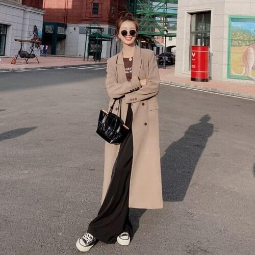 Womens Trench Coat Korean Super Long 2021 Spring Autumn New Loose High-end Solid Color Single-breasted Simple Stylish Suit YW66