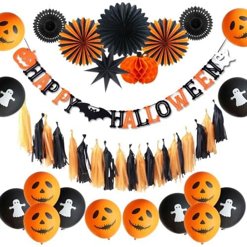 15 Pcs Halloween Decoration Children Happy Halloween Banner Pumpkin Honeycomb Ghost Smiley Balloon Halloween Decoration