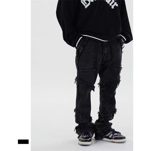 Street Hipster Hip Hop Distressed Washed Patchwork Jeans for Men Personality Fringed Trousers Male Loose Straight Denim Pants