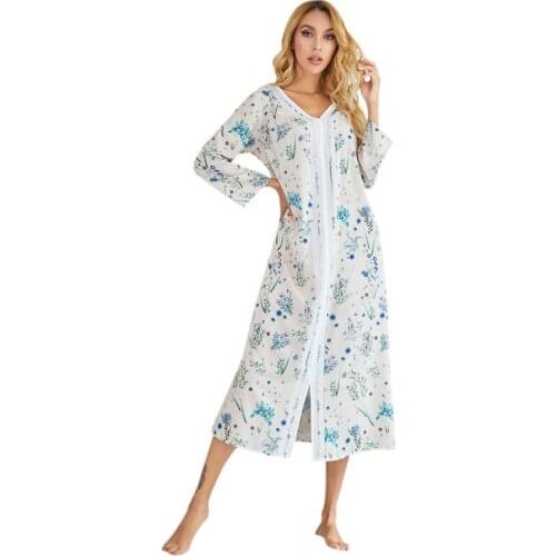 Spring Women Printed Nightdress Lady Long Sleeve Casual Homewear Clothes