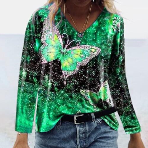 Autumn Fashion Womens T-Shirt V-Neck Long Sleeve Tops Butterfly Print Female T-Shirt Streetwear Casual Tee Ladies Pullover Tops