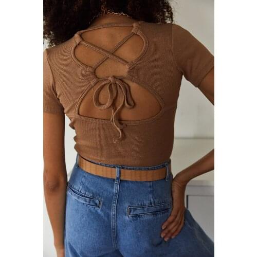 Womens Brown Backpack Detailed Short Sleeve Blouse, STANDARD Flexible. Fashion Backpack Dekontesi, Charm Beach, Pariti, Leisure, Casual Stylish Design