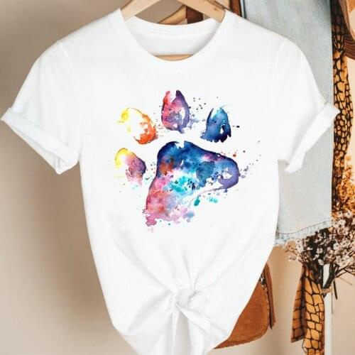Women Clothes Watercolor Casual Style Dog Paw Cartoon Summer Short Sleeve Print Fashion Tshirt Female Tee Top Graphic T-shirt