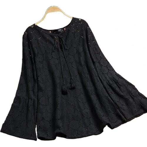 Womens Vintage Boho Blouses Oversized Long Sleeve V Neck Casual Blouse Front Lace Up Lace Crochet Hollow Autumn Pullover Tops