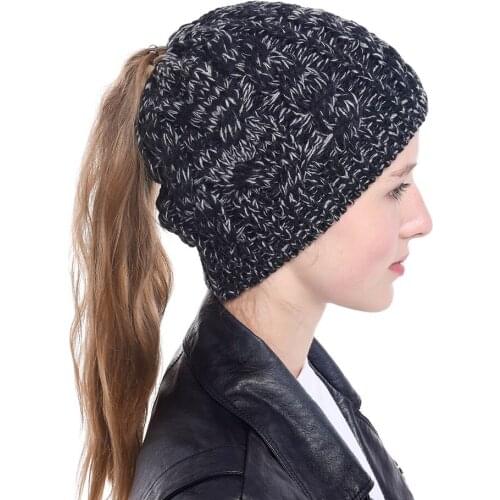 Women Ponytail Beanie Stretch Knitted Crochet Beanies Winter Warm Hats For Women Hats Cap Warm Lady Messy WH204S