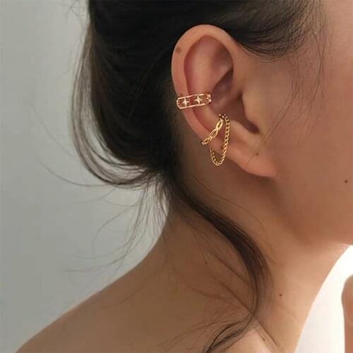 Star Chain Tassel Clip Earrings for Women No Piercing Ear Cuff Gold Ear Clips Vintage Jewelry Fashion Accessories Party Gift