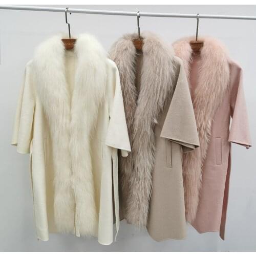 Womens Winter Long Wool Coat Ladies Cashmere Trench Coat Korean Warm Clothes Fox Fur Jackets