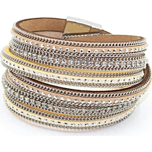 1 pc/lot 2018 New Style Hot Selling Jewelry 3 Layer Charm Rhinestone Leather Bracelet&bangle Magnetic Clasp For Party Gift