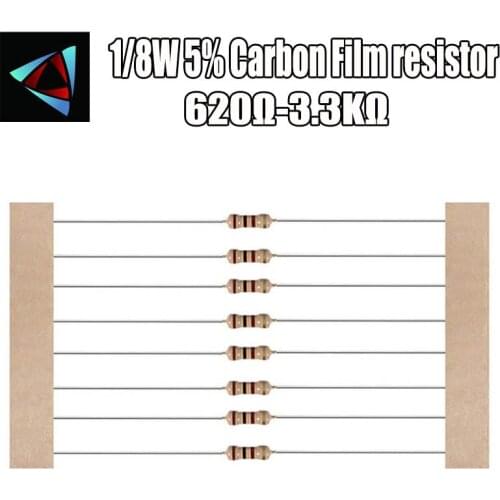 100pcs 1/8W 0.125W 5% Carbon Film Resistor 620R 680 750 820 910 1K 1.2K 1.3K 1.5K 1.6K 1.8K 2K 2.2K 2.4K 2.7K 3K 3.3K ohm