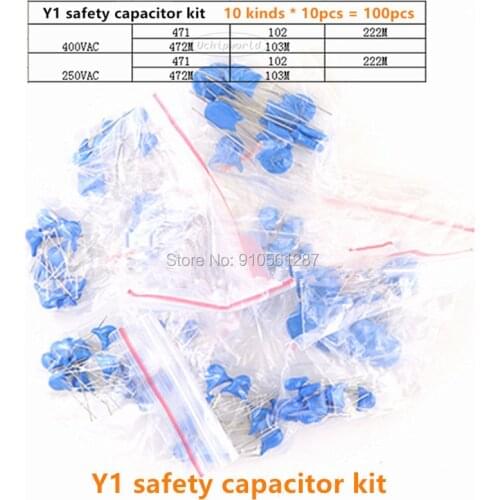 100PCS ( 10 kinds * 10pcs ) Y1 safety capacitor kit 400VAC 250VAC 471 102 222M 472M 103M 400V 250V 472 103 222 1uf 4.7uf 470nf