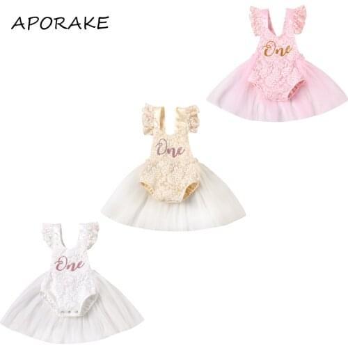 2021 3-24M Sweet Summer Infant Baby Girl Birthday Party Romper Dress ONE Letter Flower Lace Sleeveless Backless Playsuit Dress