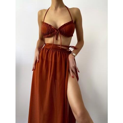 2021 new coffee color bikini and chiffon cover skirt sexy swimsuit three-piece swimsuit swimsuit