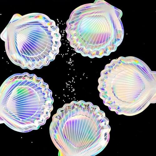8Pcs Rainbow Sparkle Shell Paper Plates Party Dish Tableware 9" Mermaid Theme Festival For Birthday party Supplies Silver