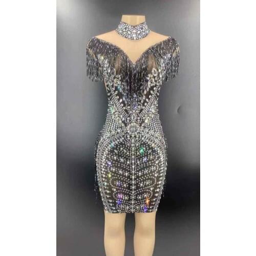 Sparkly Silver Rhinestone Black Fringe Dress Evening Birthday Celebrate Prom Bar Women Dancer Mesh Dress