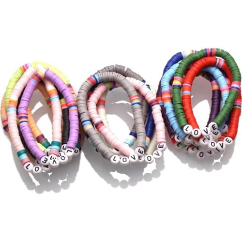 Boho Multicolored Polymer Clay Heishi Letter Beads Love Stretch Bracelet Women Girl 2020 New Fashion Eco-friendly Surf Jewelry