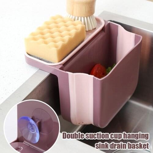 Double Suction Cup Hanging Sink Drain Basket Foldable Storage Box For Home Kitchen TUE88